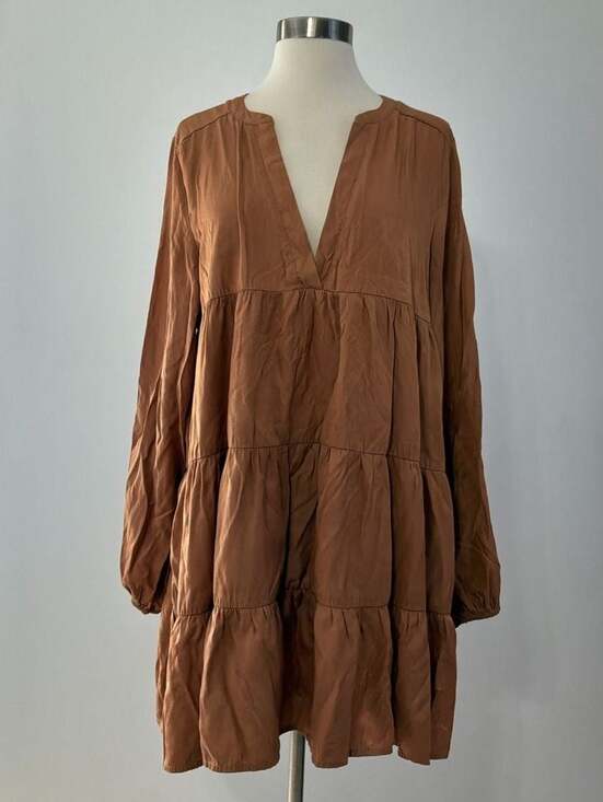 Glam Dresses & Skirts - Glam Brown Long Sleeve V-Neck Tiered Mini Dress